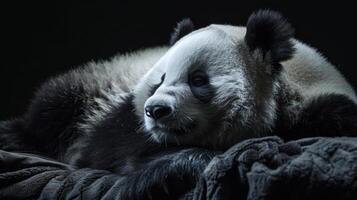 A playful moment of a panda cub surrounded by glittering, falling snowflakes. photo