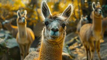 A smiling alpaca looking at the camera in front of wildflowers. photo