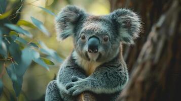 A close-up of a koala sitting on the side of a tree branch, with its arms crossed. photo