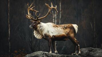 The majestic elk stands tall against the backdrop of the darkening forest, photo