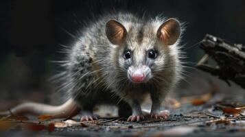 A close-up image of a pocket mole with an intense gaze, standing on the ground surrounded by leaves. photo
