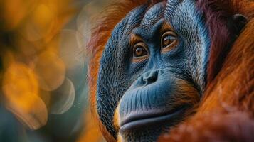 A captivating photo of an adult orangutan gazing forward with a gentle and serene expression,