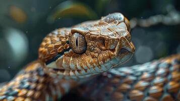 A close-up image of a snake's face, with its tongue sticking out. photo