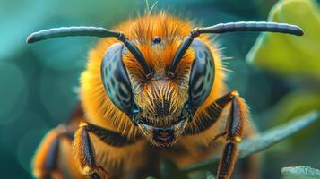 the face of a bee in close-up, highlighting its intricate features and vibrant colors. photo