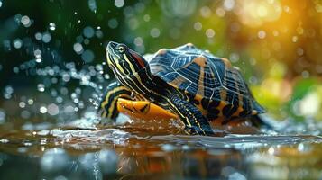 A turtle leaps into the air with a stream of water spraying around it, photo