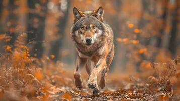 a beautiful image of a wolf on an adventure through a forest with fall foliage. photo