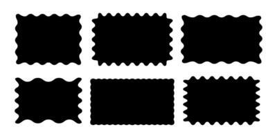 Set of frames. Textbox. Speech bubbles. Rectangles, squares. Geometric shapes in black. Star burst. Sticker, tag. Figures with waves and zigzags. Retro torn edges. Border. Minimalistic silhouette vector