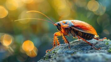 A brightly colored bug, possibly a firefly, in the sunlight with blurred background. photo