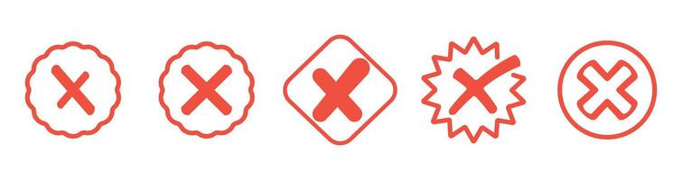 Set of different red cross. Wrong. Trendy icons. Symbol sign. Hand drawn. Doodle. . Textbox and checkbox. Frame vote. Button. No. Mark . Flat line style. False and reject. vector