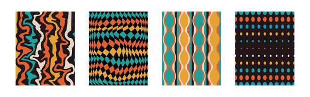 Set trendy twirl backgrounds. Collection hippie design. Y2k style. Groovy swirl. Retro psychedelic aesthetic pattern. Doodle geometric lines. Waves. Spiral elements. Shape. Liquid tile. Flat paper vector