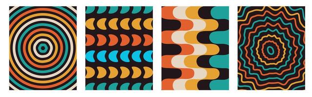 Set and collection trendy twirl backgrounds. Hippie and y2k style. Groovy swirl and retro psychedelic aesthetic pattern. Doodle funky twisted geometric lines. Distorted. Waves, hearts. Spiral elements vector