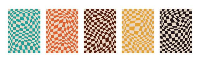 Set and collection trendy twirl backgrounds. Hippie and y2k. Groovy swirl and retro psychedelic aesthetic pattern. Doodle geometric lines. Distorted. Waves. Spiral elements. Shape dots. Chessboard vector