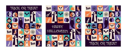 Set of posters. Horror elements. Happy Halloween. Seamless pattern. Geometric style. Square. Y2K. Collection of Hand drawn shapes. Doodle. October 31. Saints' Day. Stickers and icon vector