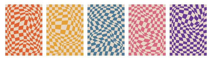 Set and collection trendy twirl backgrounds. Hippie and y2k. Groovy swirl and retro psychedelic aesthetic pattern. Doodle geometric lines. Distorted. Waves. Spiral elements. Shape dots. Chess vector