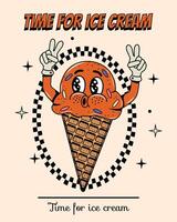 Posters in groovy. Food, drinks. Scoop of ice cream in waffle cup. Quick snack. Y2k elements and shapes. Comic and character. Walked. Retro character face, hands, legs. Psychedelic and hippie. Sticker vector