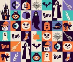 Set of horror elements. Happy Halloween. Collection Hand drawn shapes. Trendy doodle. Ghost. Autumn. October 31. Saints' Day. Stickers and icons. Jack o lantern. Seamless pattern. Geometric vector