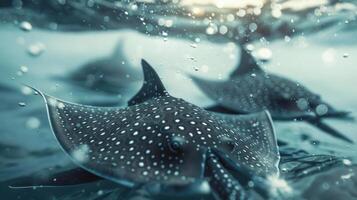 depicts a lively underwater scene with dolphins, stingrays and sea cucumbers. photo