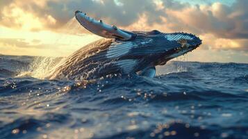 A majestic whale leaps from the ocean with its tail fin displayed in flight, photo