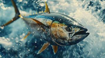 A large, shiny yellow and pink fish leaps out of the ocean, surrounded by a splash of water. photo