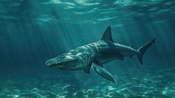 A large great white shark swimming close to the ocean floor. photo