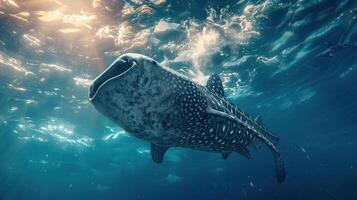 Large whale shark gliding through the ocean depths, with the sun glowing from above. photo