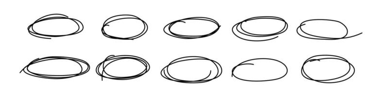 Set of circles in trendy style. Textbox, bubbles. Frame. Hand drawn. Doodle. Editable stroke. Elements, shapes for design. Line and underline. Mark. Curves. Abstract scribbles. Round. Pencil vector