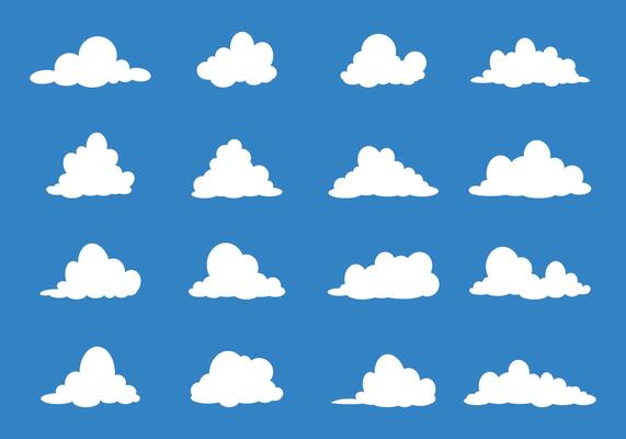 Set of clouds in flat style. Illustration. Retro elements and shapes. Clouds, sky, air, heaven for children and kids. Fluffy stickers. Isolated. Icons. Speech bubbles. Waves pack. 90s