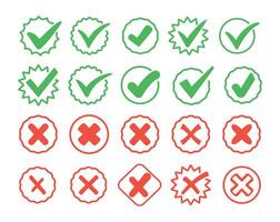 Set of red cross and green checkmark. Wrong and right. Collection trendy icons. Symbol sign. Hand drawn. Doodle. . Textbox and checkbox. Frame vote. Button. No and Yes. Flat line style. Tick vector