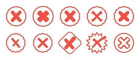 Set different red cross. Wrong. Collection trendy icons. Symbol sign. Hand drawn. Doodle. . Textbox and checkbox. Frame vote. Button. No. Mark . Flat line style. False and reject. Incorrect vector