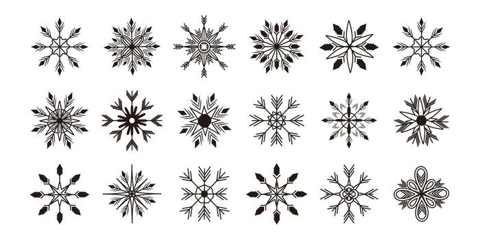 conjunto y colección copos de nieve en línea Arte estilo. uno línea. nuevo año y día festivo. ataque. ilustración. Navidad. chispas y brilla forma, elementos. ornamento y modelo. modelo. aislado. Brillantina vector