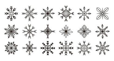 Set and collection trendy modern snowflakes in line art style. One Line. Sparks and glows. Ornament. Template. Twinkle shapes and elements. Glitter. New Year. Holiday. Stroke. Flat style. Xmas. y2k vector