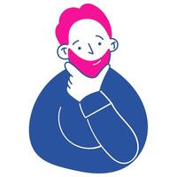 A bearded man is thinking about something, pondering. The concept of searching, thinking, hesitating. Simple illustration in doodle flat style. Isolated on a white background vector