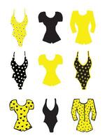 A collection of woman bodysuits. Various simple doodle silhouettes. Technical fashion illustration. Front, black and yellow color. Isolated elements vector