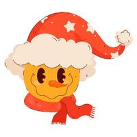 Smiley face with Santa hat in groovy style. Cute flat emoji sticker. Happy character in 70s retro style vector