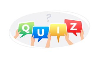 People holding speech bubbles forming quiz word with question mark vector