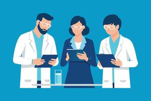 Three people researchers looking at tablet data in the lab. Research and Development. isolated flat illustration. vector