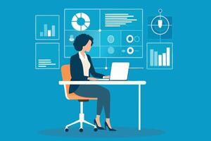 Woman working in office and futuristic graphical user interface concept isolated flat illustration. vector