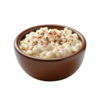 Creamy rice pudding topped with chocolate sprinkles in a brown bowl, isolated on transparent background. png
