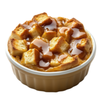 Delicious bread pudding topped with caramel sauce, served in a white dish, isolated on transparent background. png