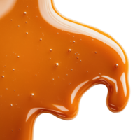 Rich caramel sauce dripping isolated on transparent background, perfect for desserts or culinary presentations. png