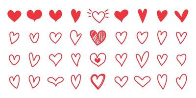 Set of red hearts in different pose on white background. Collection of hand drawn hearts. vector