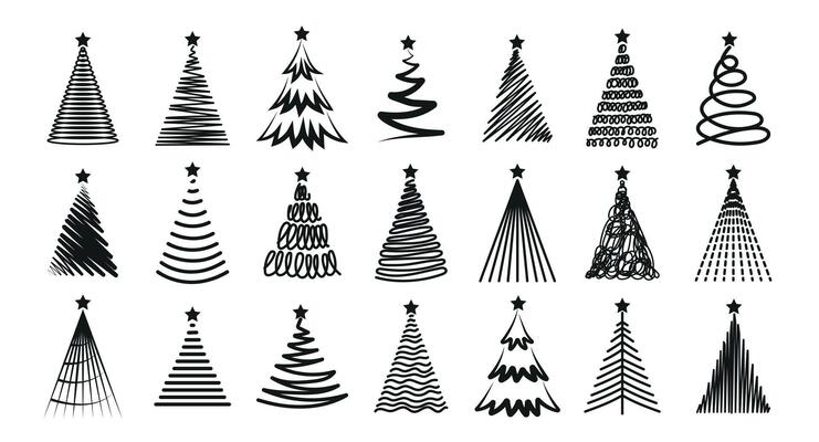 Various Christmas tree silhouette, hand drawn illustrations. Set with firs and pine trees with stars. illustration of winter holiday symbols, black on white background.