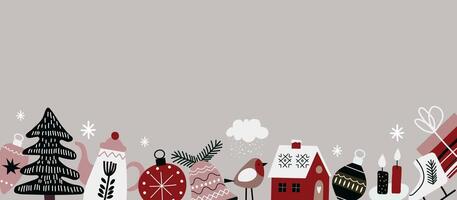 Winter background with hand drawn cute Christmas elements. Horizontal banner with place for text. Merry Christmas and New Year. vector