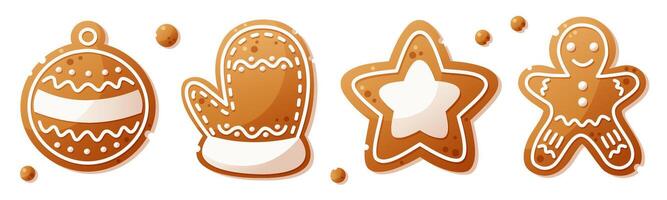 A large set of gingerbread cookies of different shapes. Gingerbread man, mitten, star, Christmas tree toy. Christmas gingerbread, New Year cookies decorated with white icing. vector