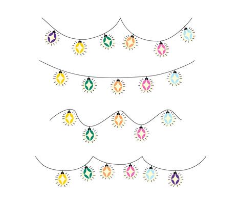 Festive glowing lights on a white background. Colorful bulb garlands. Christmas and New Year s greeting card designs. Winter holiday decoration element.