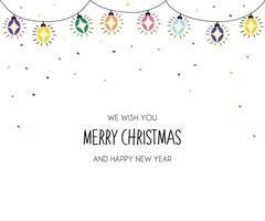 Card with Christmas lights and text on white background. Garlands with colored bulbs. vector