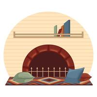 Cozy fireplace corner with pillows and bookshelf, vector