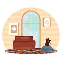 Living room sofa with cat and large window, vector
