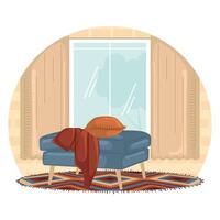 Cozy reading nook with armchair and window view, vector