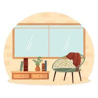 Living room with bookshelf, chair, and large window, vector